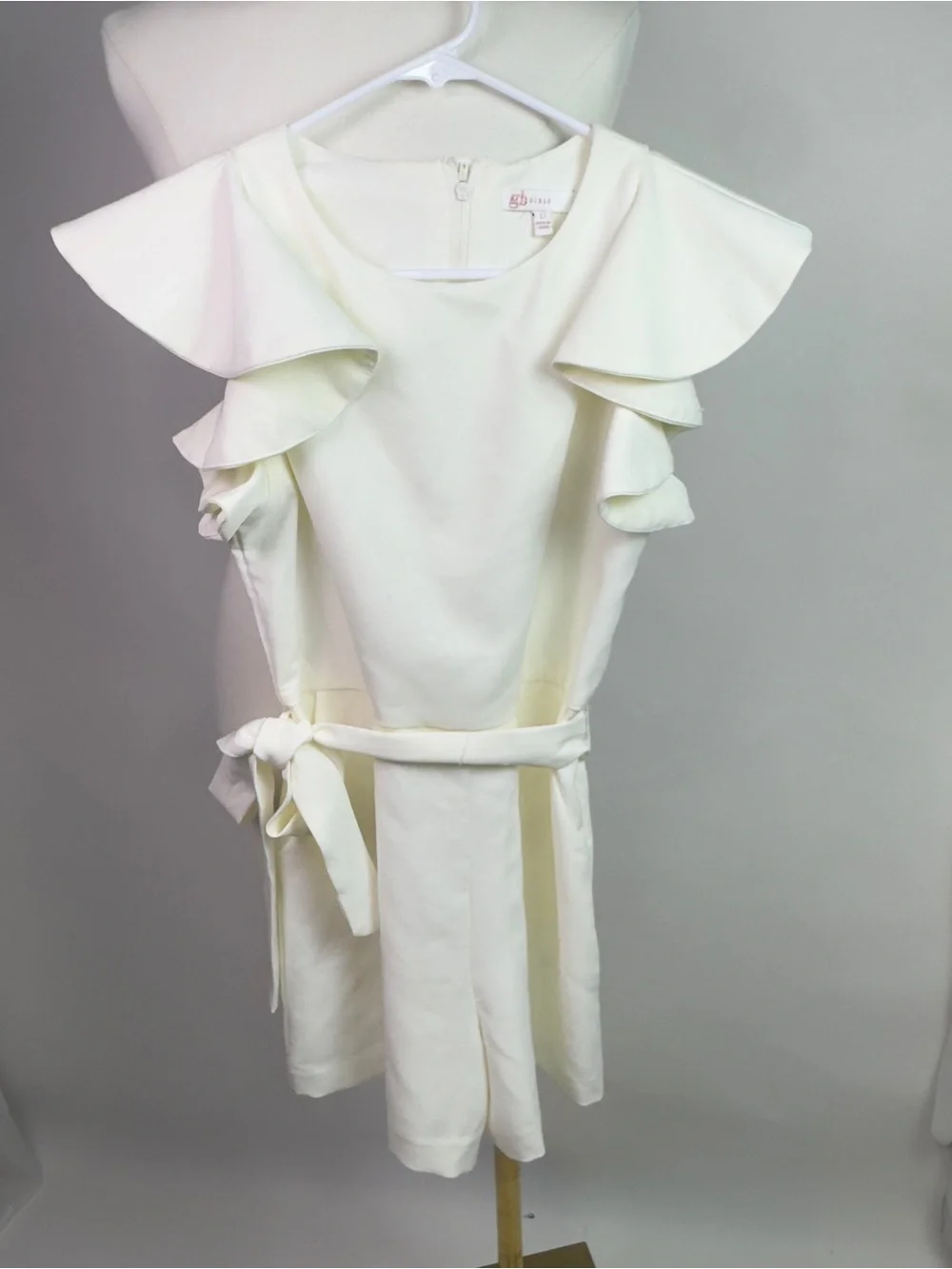 GB girls Cream White Ruffle Sleeve Shorts Romper | Pockets Waist Tie Bow Formal